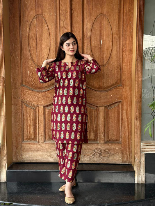 2 PCs Women's Stitched Arabic Lawn Printed Shirt And Trousers