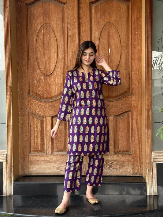 2 PCs Women's Stitched Arabic Lawn Printed Shirt And Trousers