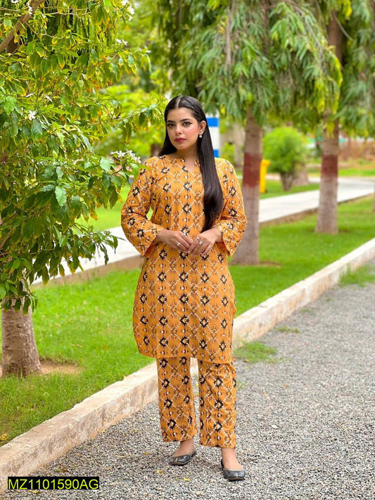 2 Pcs Women's Stitched Lenin Printed Suit